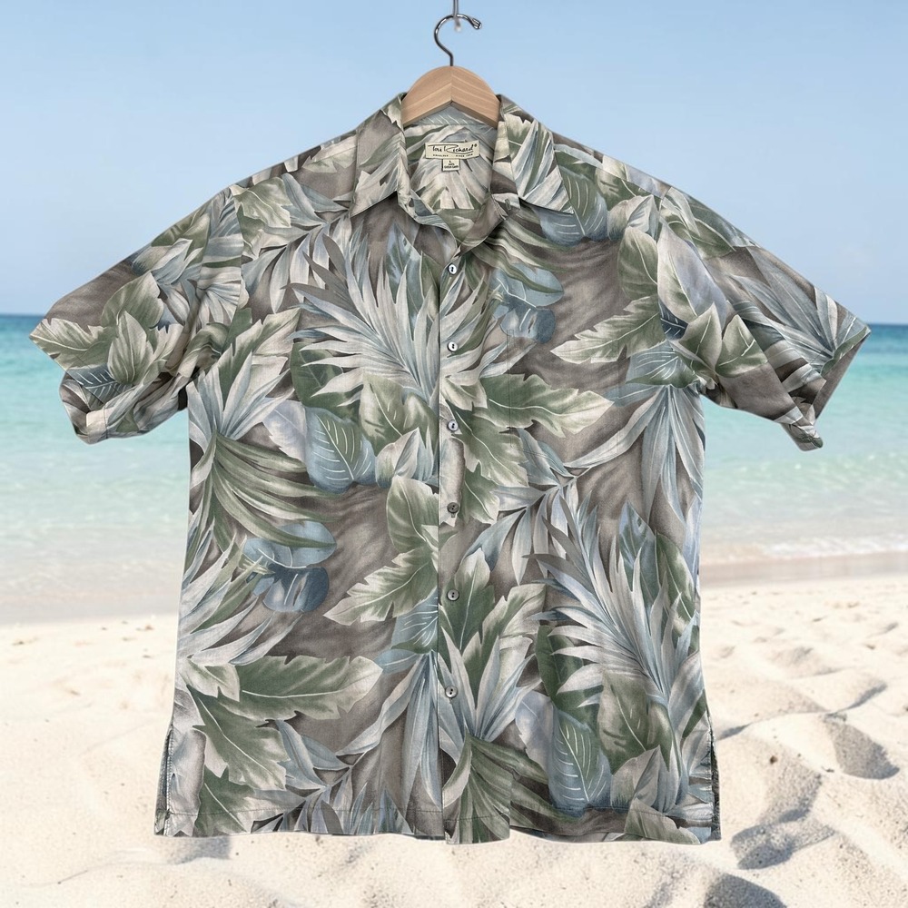 Tori Richard Hawaiian Aloha Shirt Mens L Green Tropical Leaf 100% Cotton Lawn